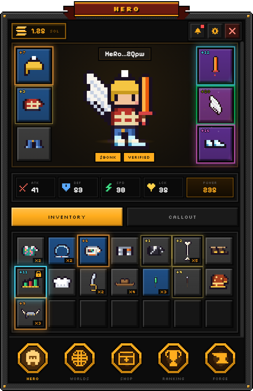 The Hero screen with the worn gear and the inventory