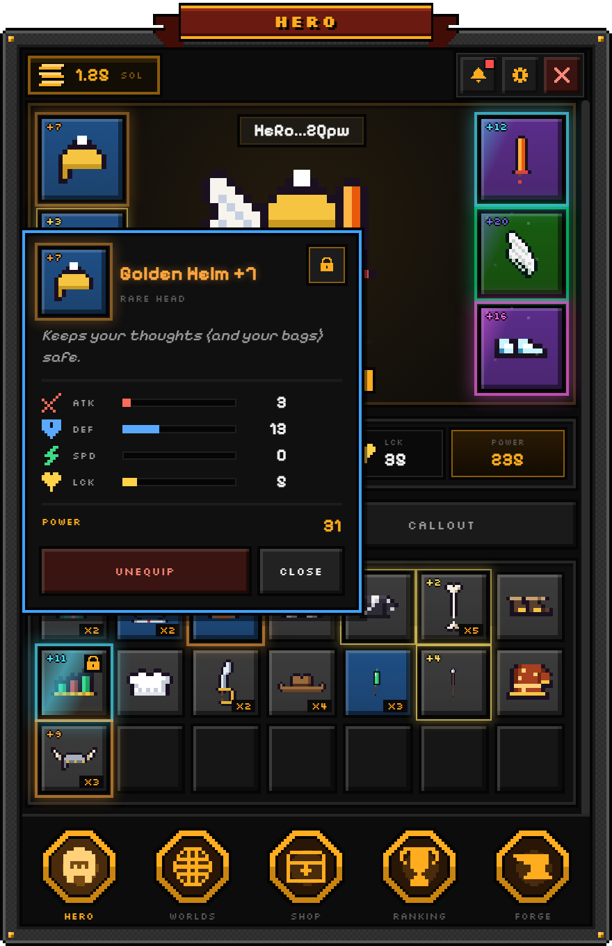 An item's stats and lock on the Hero screen
