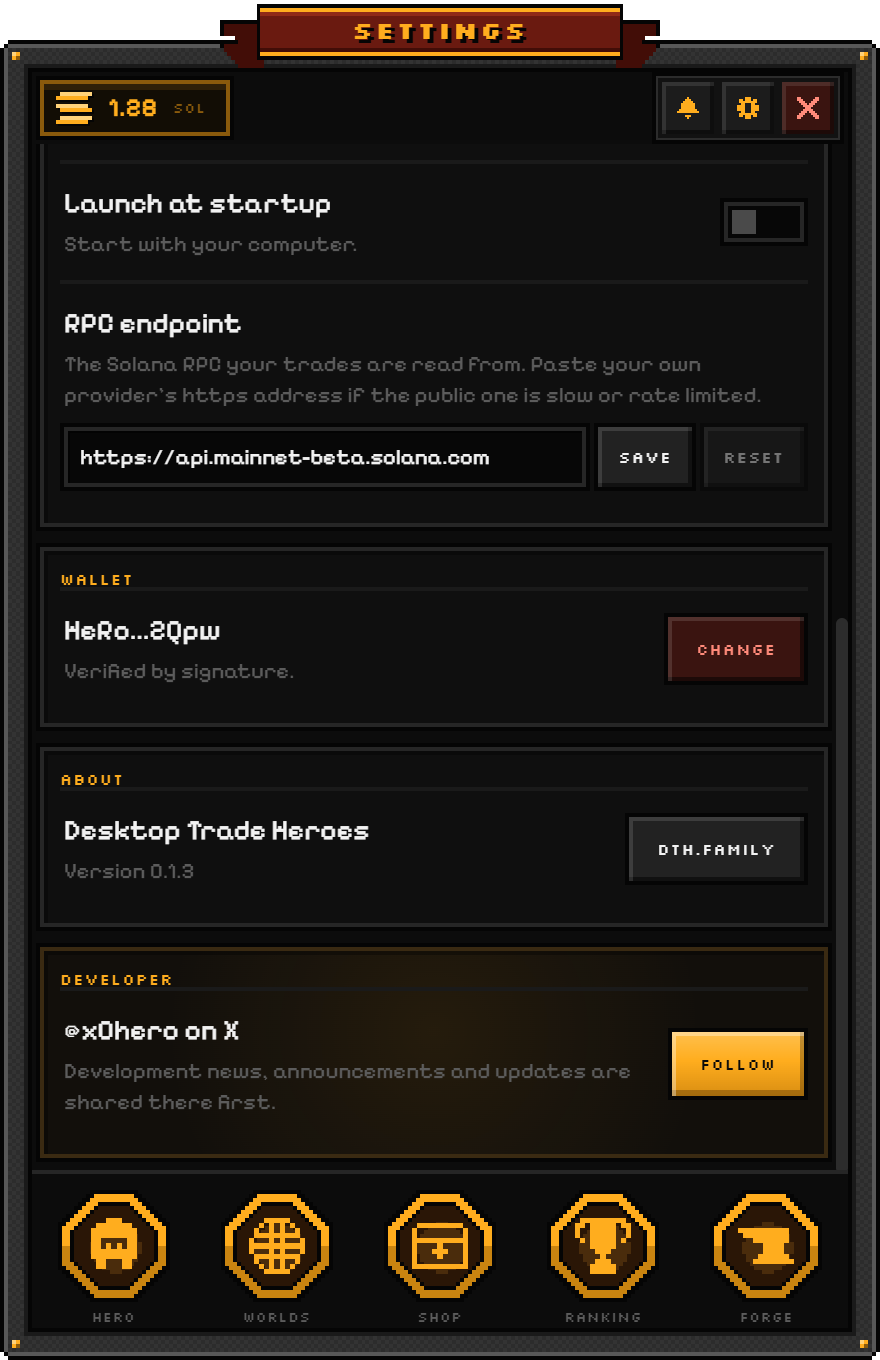 The lower part of Settings: the RPC endpoint, the linked wallet and the version