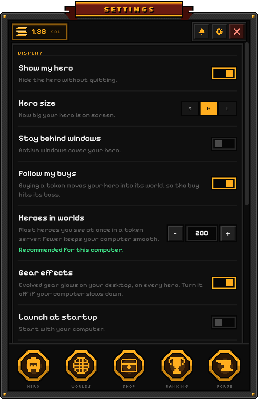 The Settings screen