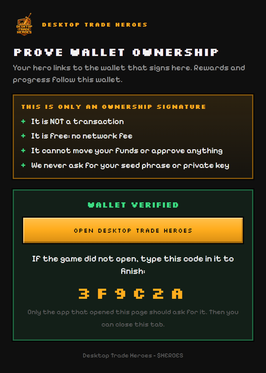 The verification page after signing, with the Open Desktop Trade Heroes button and the code