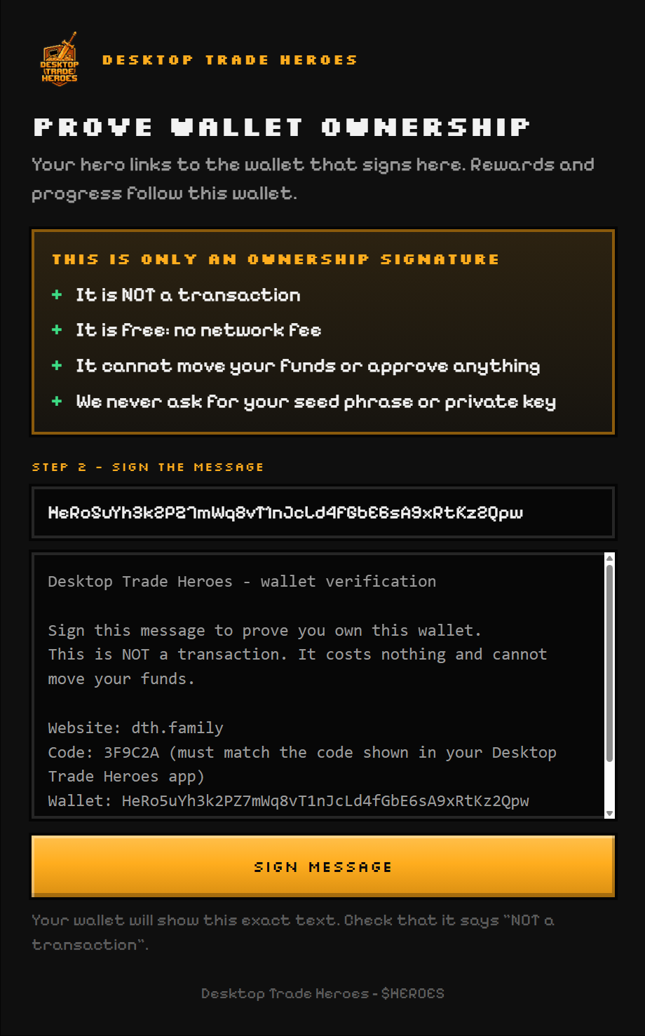 The wallet verification page with the message to sign
